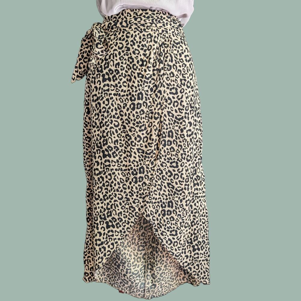 Leopard Print Faux Wrap Midi Skirt with Wait Tie by Oasis, Size M
